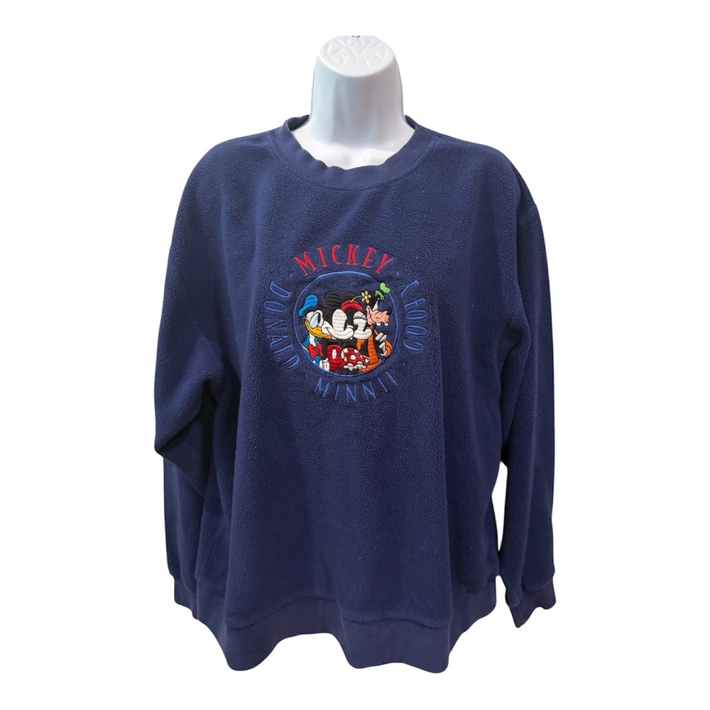 Vintage Disney Store Mickey Minnie Donald Goofy Fleece Sweatshirt Navy Blue S